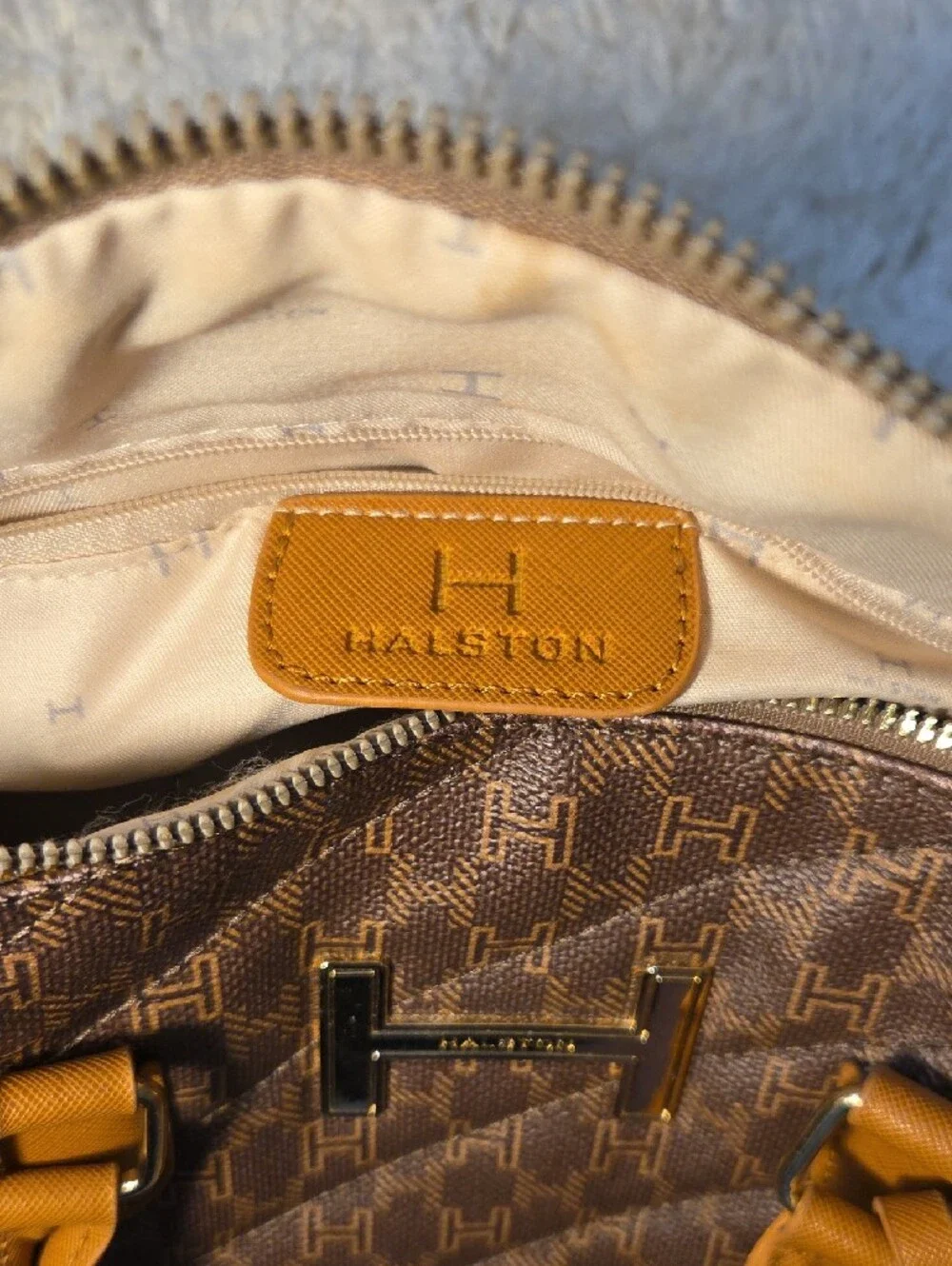 H by Halston Brown & Tan Monogram Satchel with Detachable Strap